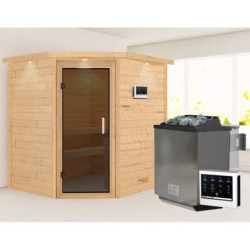 Sauna traditionnel d’angle Mia Plug &Play - 4 places 38mm - poêle Easy Bio 9000W - couronne - porte moderne Woodfeeling