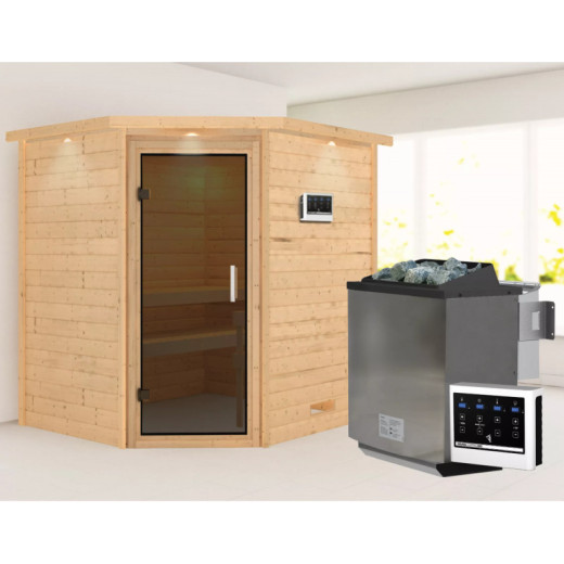 Sauna traditionnel d’angle Mia Plug &Play - 4 places 38mm - poêle Easy Bio 9000W - couronne - porte moderne Woodfeeling