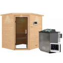 Sauna traditionnel d’angle Mia Plug &Play - 4 places 38mm - poêle Easy Bio 9000W - couronne - porte moderne Woodfeeling
