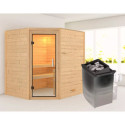 Sauna traditionnel d’angle Mia Plug &Play - 4 places - poêle 9KW ctrl intégré sans couronne - porte en verre clair Woodfeeling