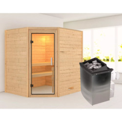 Sauna traditionnel d’angle Mia Plug &Play - 4 places - poêle 9KW ctrl intégré sans couronne - porte en verre clair Woodfeeling
