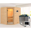 Sauna traditionnel d’angle Mia Plug &Play - 4 places - poêle 9KW ctrl externe sans couronne - porte en verre clair Woodfeeling