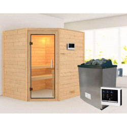Sauna traditionnel d’angle Mia Plug &Play - 4 places - poêle 9KW ctrl externe sans couronne - porte en verre clair Woodfeeling