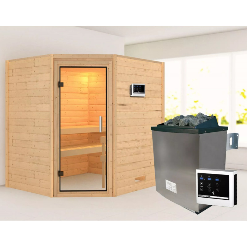 Sauna traditionnel d’angle Mia Plug &Play - 4 places - poêle 9KW ctrl externe sans couronne - porte en verre clair Woodfeeling