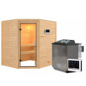 Sauna traditionnel d’angle Mia Plug &Play - 4 places - poêle 9KW ctrl externe sans couronne - porte en verre clair Woodfeeling