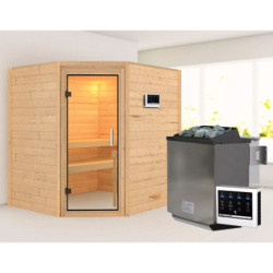 Sauna traditionnel d’angle Mia Plug &Play - 4 places - poêle Easy Bio 9000W - sans couronne - porte en verre clair Woodfeeling