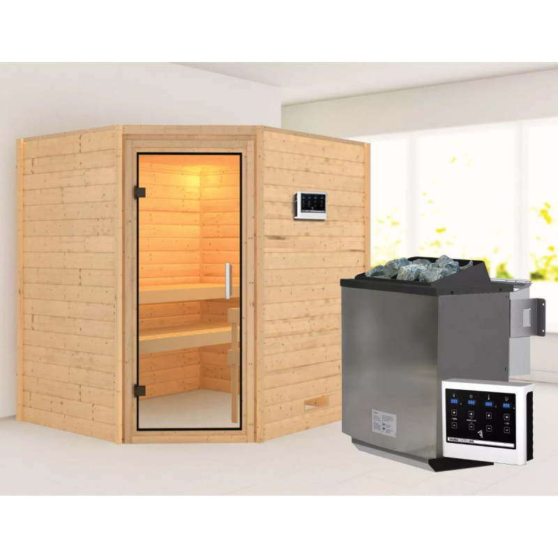 Sauna traditionnel d’angle Mia Plug &Play - 4 places - poêle Easy Bio 9000W - sans couronne - porte en verre clair Woodfeeling