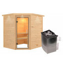 Sauna traditionnel d’angle Mia Plug &Play - 4 places - poêle Easy Bio 9000W - sans couronne - porte en verre clair Woodfeeling