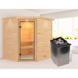 Sauna traditionnel d’angle Mia Plug &Play - 4 places - poêle 9KW ctrl intégré - couronne - porte en verre clair Woodfeeling