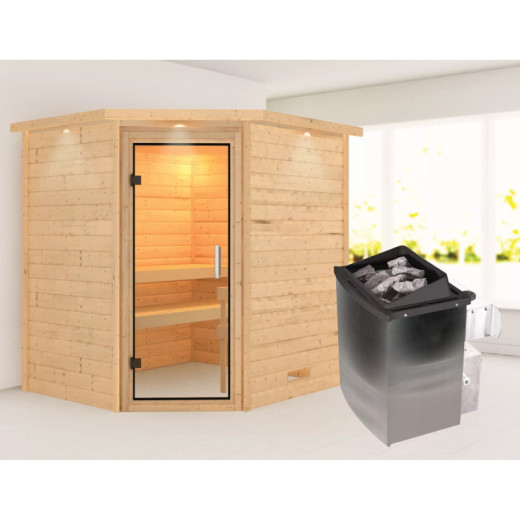 Sauna traditionnel d’angle Mia Plug &Play - 4 places - poêle 9KW ctrl intégré - couronne - porte en verre clair Woodfeeling
