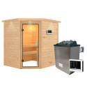 Sauna traditionnel d’angle Mia Plug &Play - 4 places - poêle 9KW ctrl intégré - couronne - porte en verre clair Woodfeeling