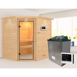 Sauna traditionnel d’angle Mia Plug &Play - 4 places - poêle 9KW ctrl externe - couronne - porte en verre clair Woodfeeling