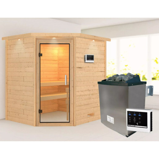 Sauna traditionnel d’angle Mia Plug &Play - 4 places - poêle 9KW ctrl externe - couronne - porte en verre clair Woodfeeling