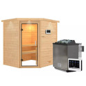 Sauna traditionnel d’angle Mia Plug &Play - 4 places - poêle 9KW ctrl externe - couronne - porte en verre clair Woodfeeling