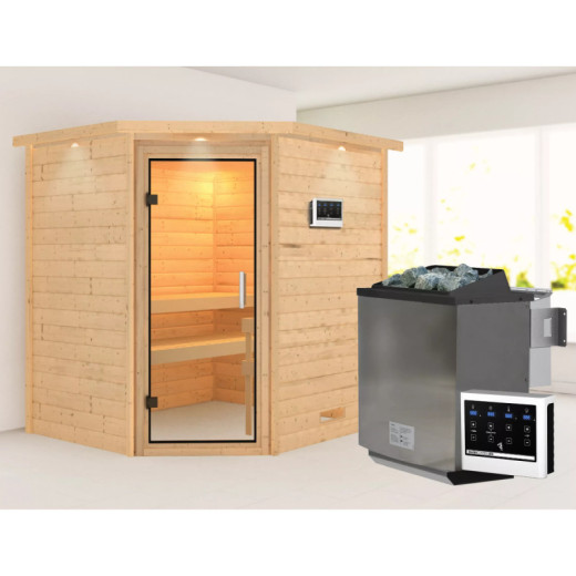 Sauna traditionnel d’angle Mia Plug &Play - 4 places - poêle Easy Bio 9000W - couronne - porte en verre clair Woodfeeling