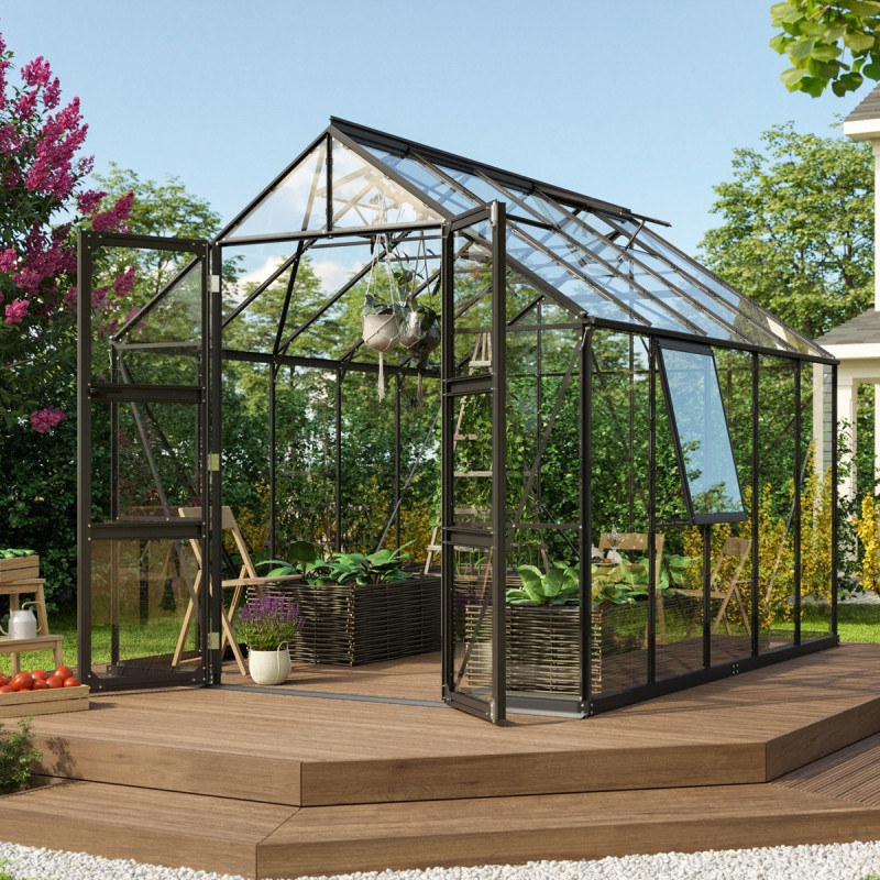 Serre de jardin Olymp 8,3m² en alu noir et verre de sécurité 3mm - Vitavia