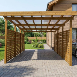 Carport en bois traité et teinté 17m² avec parois latérales + toit polycarbonate 6mm - Gardy Shelter