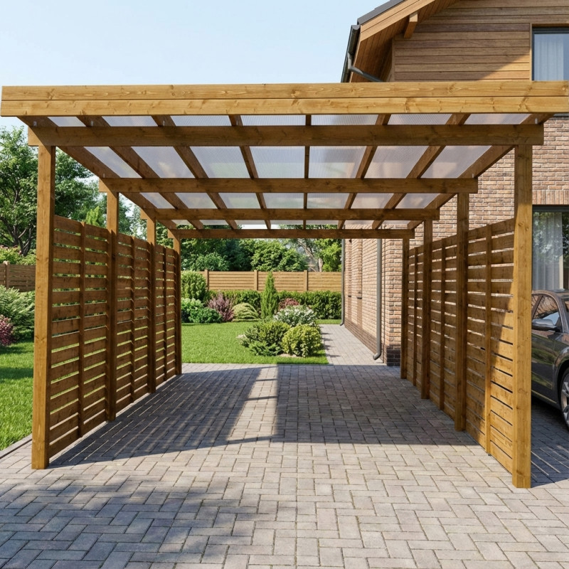 Carport en bois traité et teinté 17m² avec parois latérales + toit polycarbonate 6mm - Gardy Shelter