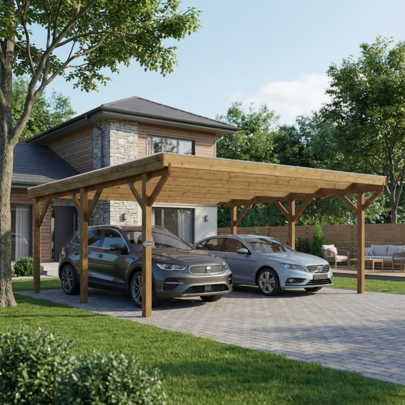 Carport double en bois traité et teinté 24,43m² + toiture polycarbonate 6mm - Gardy Shelter