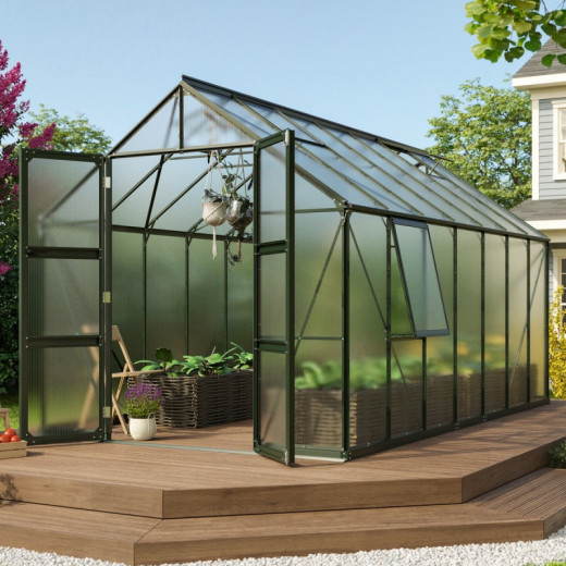 Serre de jardin Olymp 11,5m² en alu émeraude et polycarbonate 4mm - Vitavia
