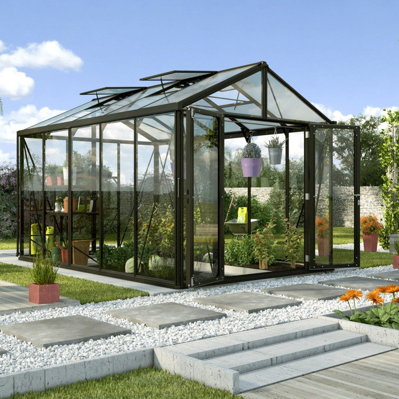 Serre de jardin Zeus Comfort 10m² en alu noir et vitrage combiné - Vitavia