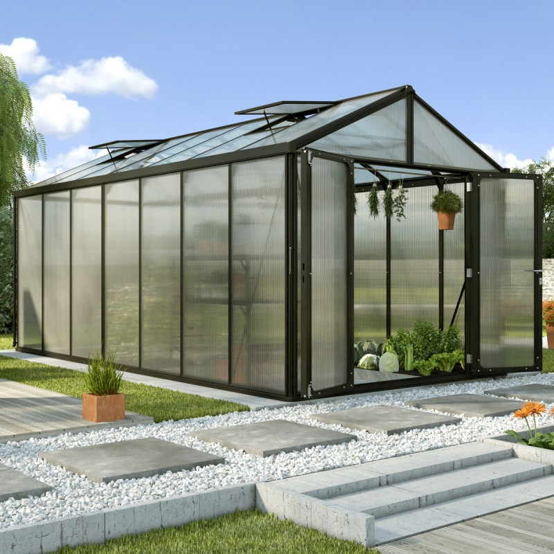 Serre de jardin Zeus Comfort 13,8m² en alu noir et polycarbonate 10mm - Vitavia