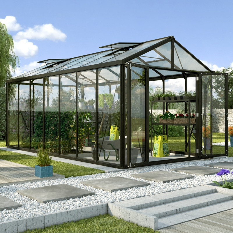 Serre de jardin Zeus Comfort 13,8m² en alu noir et vitrage combiné - Vitavia