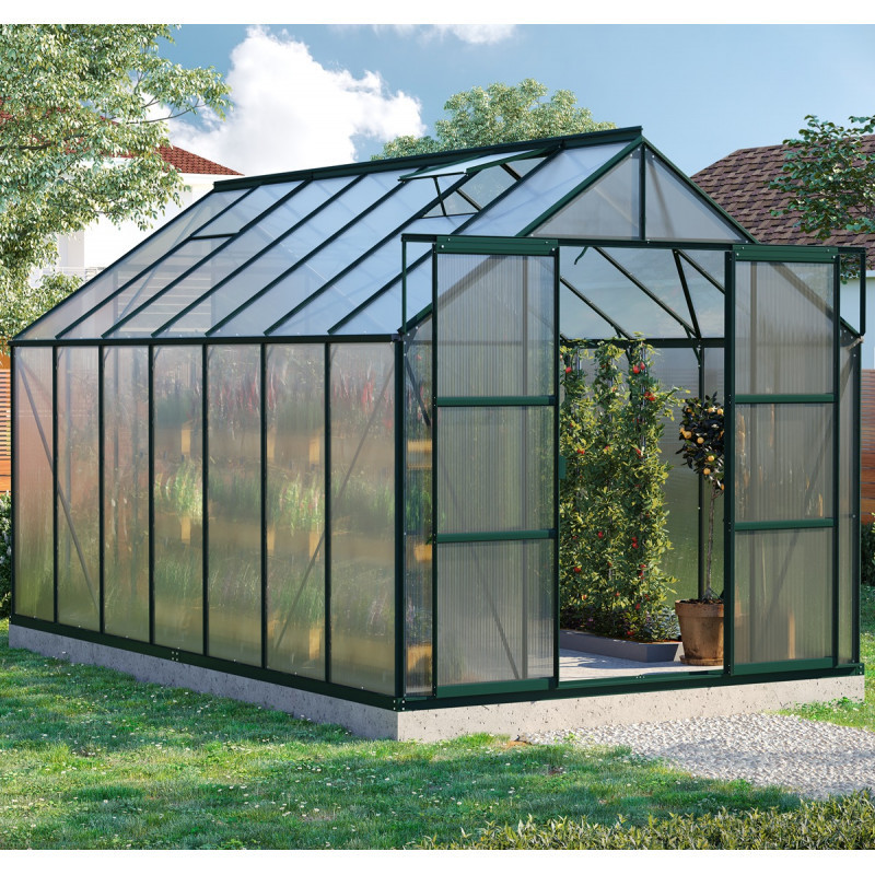 Serre de jardin Uranus 11,5m² en alu émeraude et panneaux de PC 4mm - Vitavia
