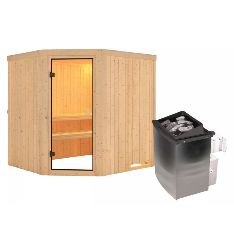 Sauna traditionnel d'angle BODO - poêle 9KW ctrl intégré - Karibu