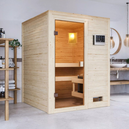 Sauna traditionnel Sandra 2 à 3 places 38mm - poêle 9KW ctrl intégré - sans couronne lumineuse - Woodfeeling