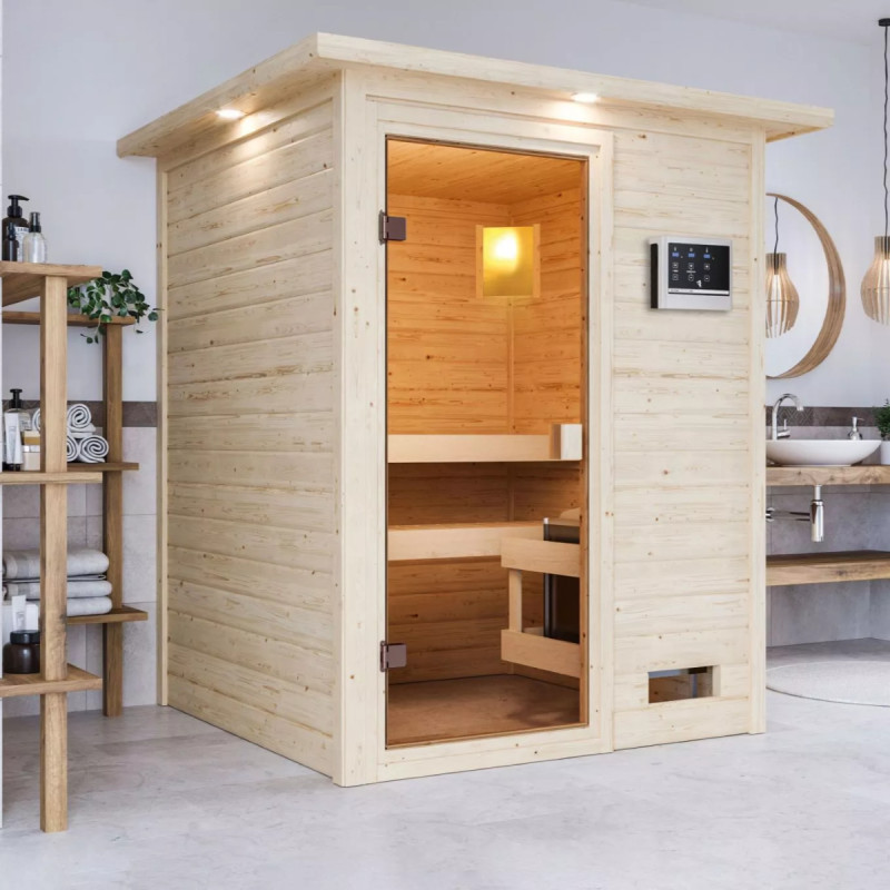 Sauna traditionnel Sandra 2 à 3 places 38mm - poêle 9KW ctrl externe - couronne lumineuse - Woodfeeling