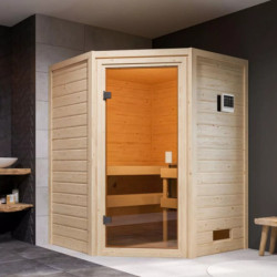 Sauna traditionnel d’angle Antonia 2 à 3 places 38mm - poêle 9KW ctrl intégré - sans couronne lumineuse - Woodfeeling
