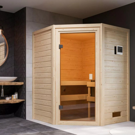 Sauna traditionnel d’angle Antonia 2 à 3 places 38mm - poêle Easy Bio 9000W - sans couronne lumineuse - Woodfeeling