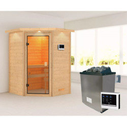 Sauna traditionnel d’angle Antonia 2 à 3 places 38mm - poêle 9KW ctrl externe - couronne lumineuse - Woodfeeling