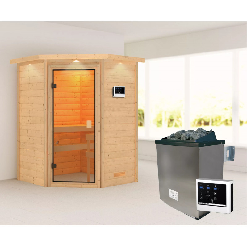 Sauna traditionnel d’angle Antonia 2 à 3 places 38mm - poêle 9KW ctrl externe - couronne lumineuse - Woodfeeling