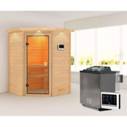 Sauna traditionnel d’angle Antonia 2 à 3 places 38mm - poêle Easy Bio 9000W - couronne lumineuse - Woodfeeling