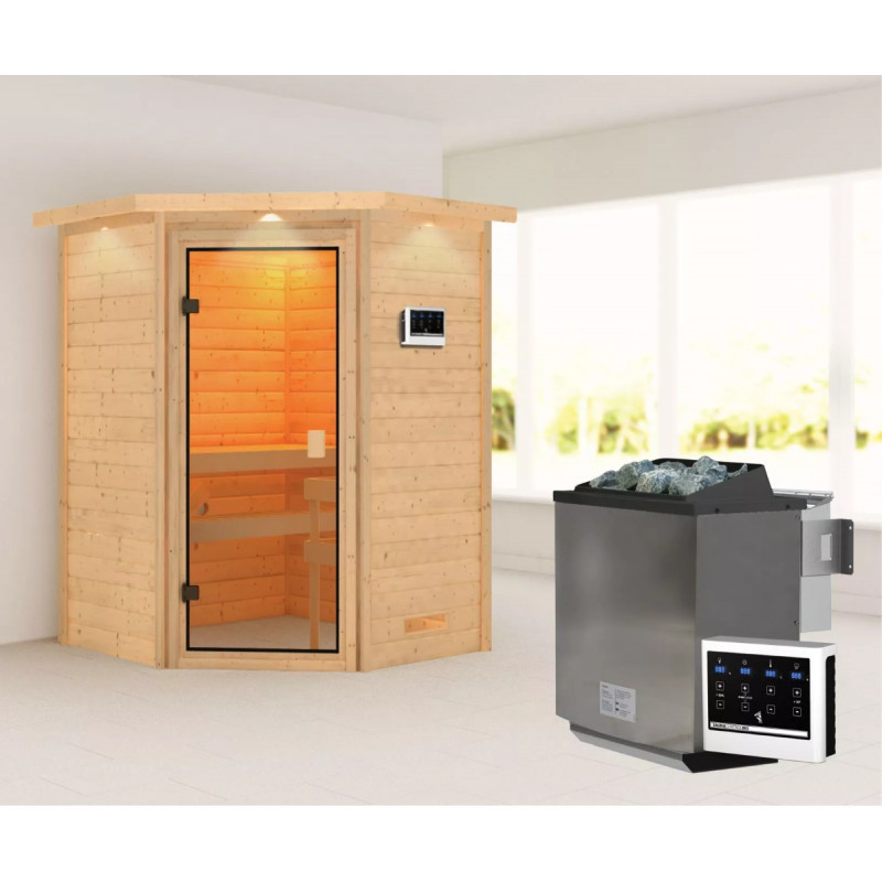 Sauna traditionnel d’angle Antonia 2 à 3 places 38mm - poêle Easy Bio 9000W - couronne lumineuse - Woodfeeling