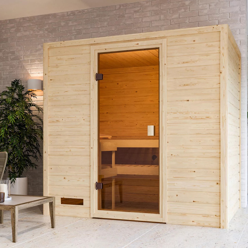 	Sauna traditionnel Selena 2 à 3 places 38mm - poêle 9KW ctrl intégré - sans couronne lumineuse - Woodfeeling