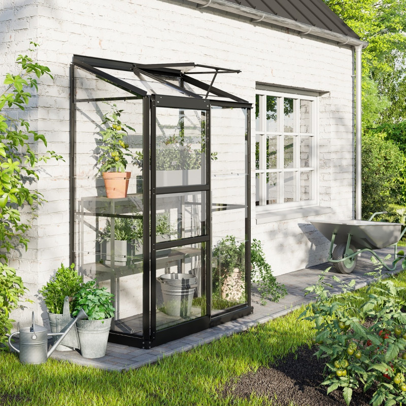 Serre adossée Ida 0,9m² en aluminium noir et verre de sécurité 3mm - Vitavia