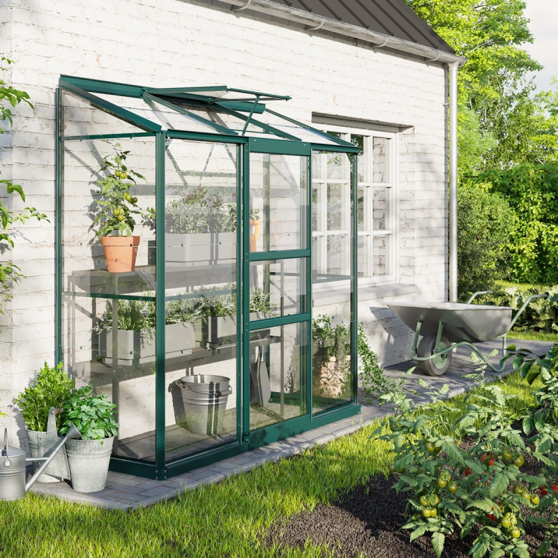 Serre adossée Ida 1,3m² en aluminium émeraude et verre de sécurité 3mm - Vitavia