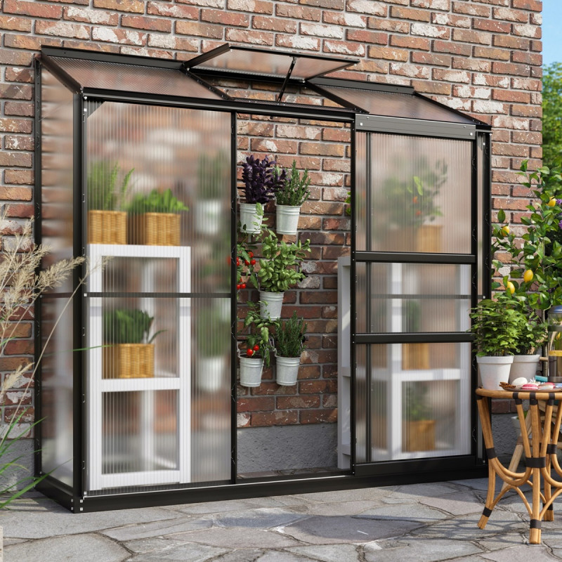 Serre adossée Ida 1,3m² en aluminium noir et panneaux PC 4mm - Vitavia