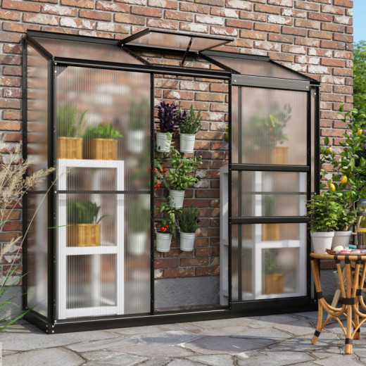 Serre adossée Ida 1,3m² en aluminium noir et panneaux PC 4mm - Vitavia