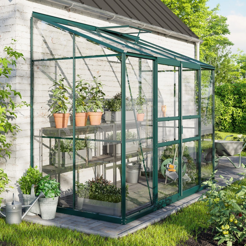 Serre adossée Ida 3,3m² en aluminium émeraude et verre de sécurité 3mm - Vitavia