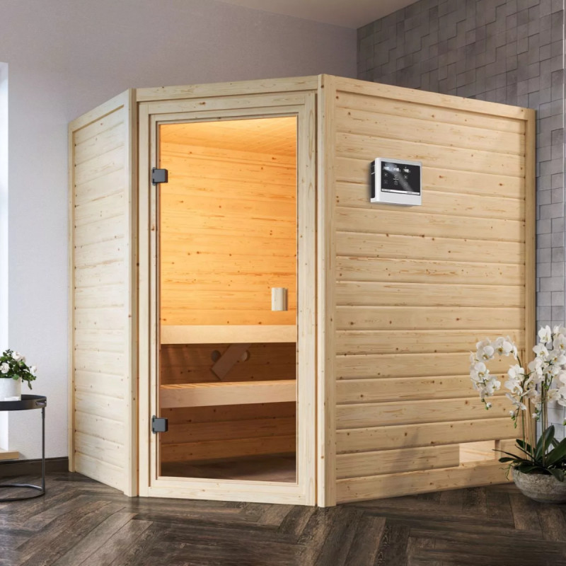 Sauna traditionnel d’angle Jella 2 à 3 places 38mm - poêle 9KW ctrl externe - sans couronne lumineuse - Woodfeeling