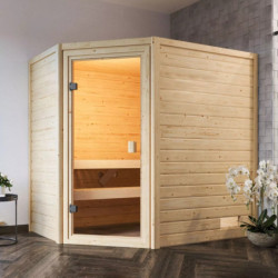 	Sauna traditionnel d’angle Jella 2 à 3 places 38mm - poêle Easy Bio 9000W - sans couronne lumineuse - Woodfeeling