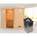 Sauna traditionnel d’angle Jella 2 à 3 places 38mm - poêle 9KW ctrl intégré - couronne lumineuse - Woodfeeling
