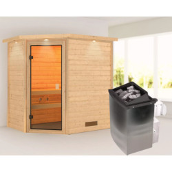 Sauna traditionnel d’angle Jella 2 à 3 places 38mm - poêle 9KW ctrl intégré - couronne lumineuse - Woodfeeling