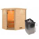 Sauna traditionnel d’angle Jella 2 à 3 places 38mm - poêle 9KW ctrl intégré - couronne lumineuse - Woodfeeling