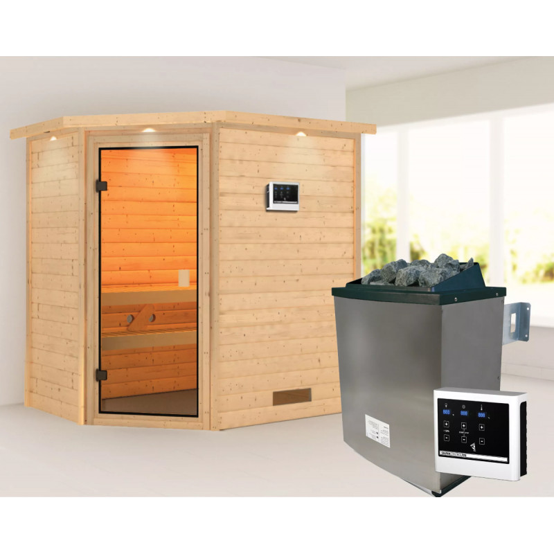 Sauna traditionnel d’angle Jella 2 à 3 places 38mm - poêle 9KW ctrl externe - couronne lumineuse - Woodfeeling