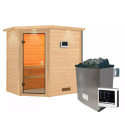 Sauna traditionnel d’angle Jella 2 à 3 places 38mm - poêle 9KW ctrl externe - couronne lumineuse - Woodfeeling
